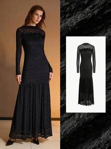 MOTF PREMIUM CONTRAST MESH APPLIQUES DRESS - Black - View 1