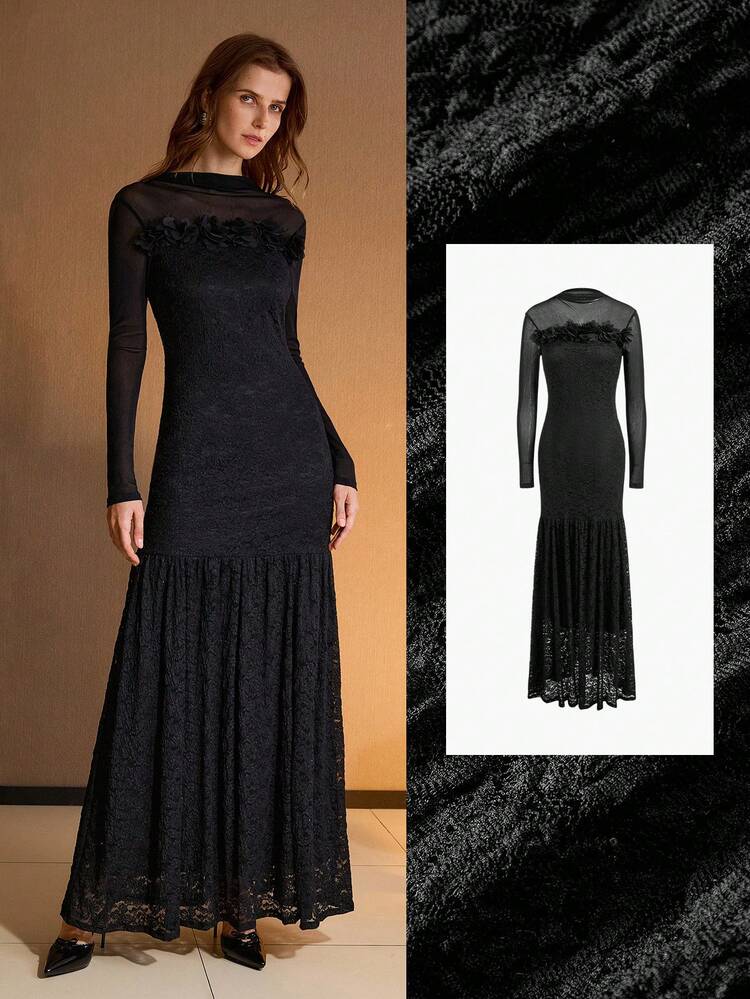 CONTRAST MESH APPLIQUES DRESS