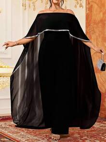 Allurite Christmas Plus Size Women Sheer Chiffon Off Shoulder Jumpsuit With Silver Ribbon Decor - Black - View 3