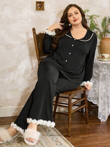 Côtesoire Plus Size Elegant Mature French Style Lace Pajama Set Woman Night Wear Two Pieces Sleepwear Set, Winter Clothes - Black - View 1