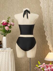 Swim Chiccia 女士纯色新款蕾丝边吊带上衣和高衩性感比基尼套装 - 黑色 - 查看 8