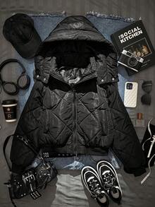 SHEIN EZwear Autumn Winter Women Women's Black Woven Hooded Jacket, Winter - Black - View 1