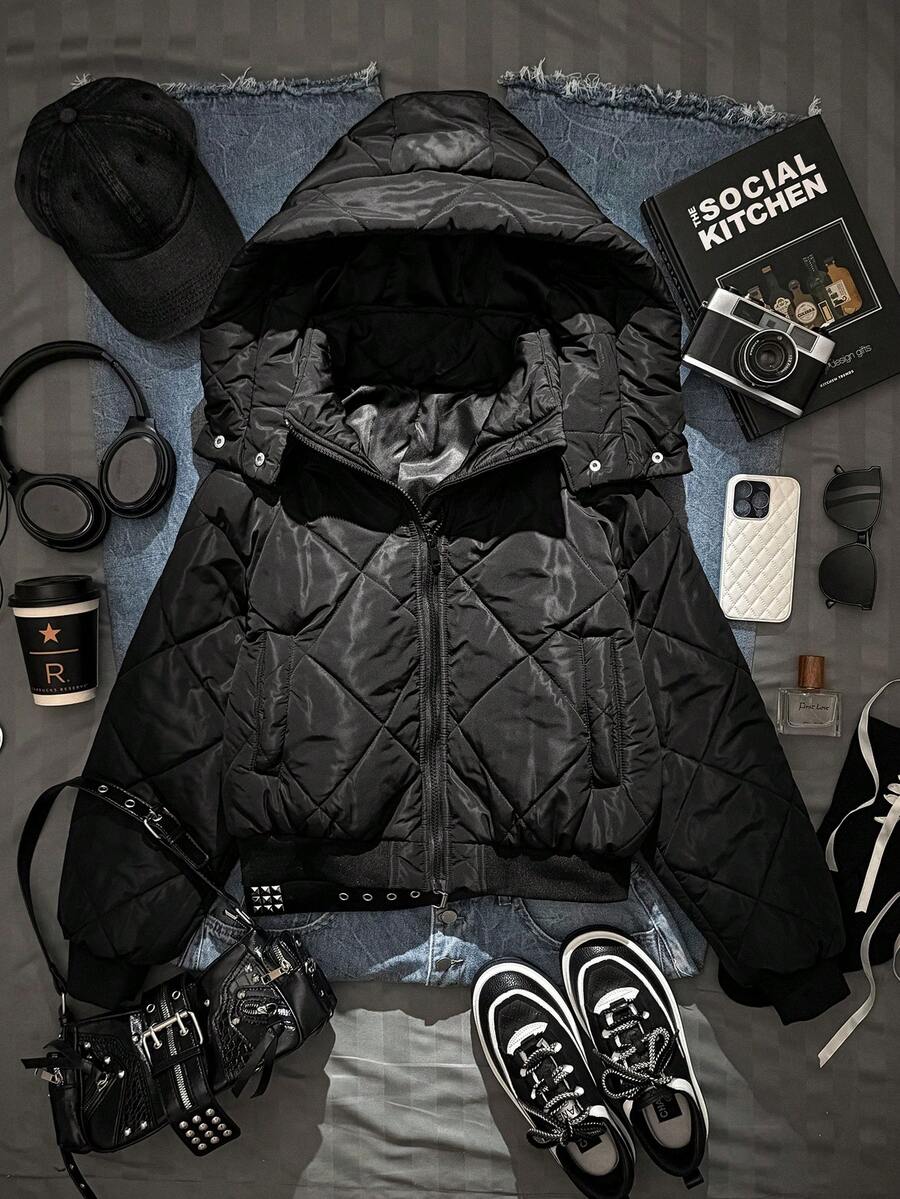 SHEIN EZwear Autumn Winter Women Women's Black Woven Hooded Jacket, Winter - Black - View 1