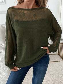 SHEIN Clasi 女士蕾丝边拼布套头衫 - 軍綠色 - 查看 5