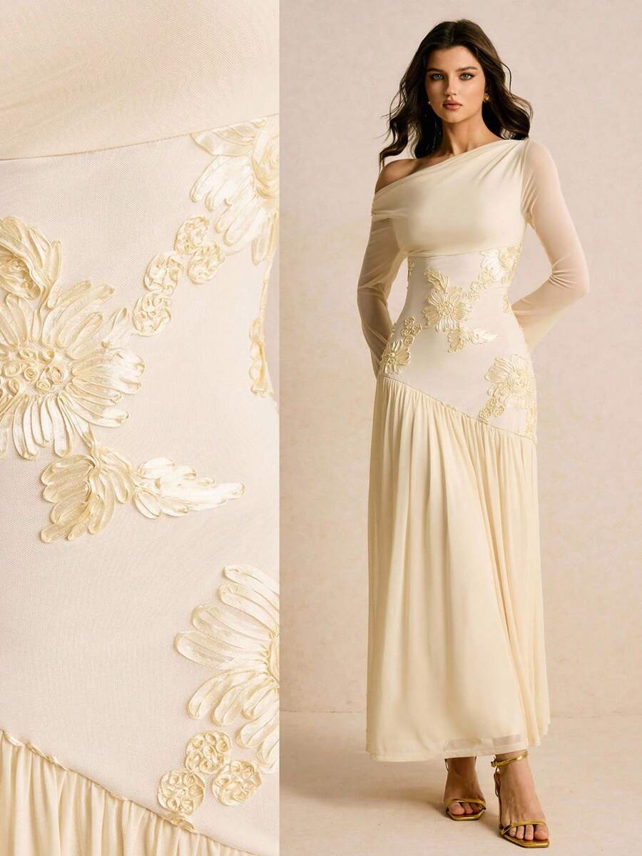 Poéselle 女士斜肩网眼长袖提花优雅连衣裙 - 米色 - 查看 1