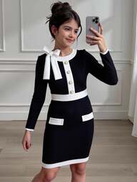 SHEIN Svartvit lapptäcksklänning med rosettdekor för flickor, elegant, höst/vinter