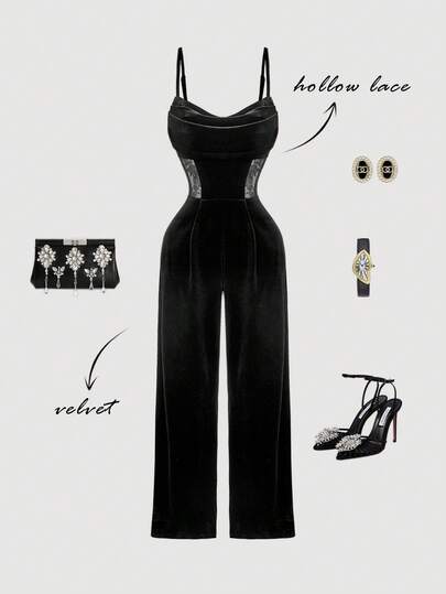 SHEIN MOD 复古迷人蕾丝拼接闪亮连体裤，垂坠领口 - 复古 70 年代、Y2K、约会、派对、宫廷、节日、生日和舞会穿着