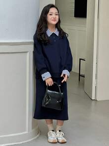 DAZY 2件套少女翻领针织抓绒卫衣+半裙套装，秋季 - 藏蓝色 - 查看 5