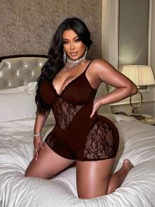 NU&NOW Plus-Size Women's Summer Brown Solid Color Fabric Patchwork Sexy Lace V-Neck Suspender Jumpsuit Shorts, Suitable For Everyday Wear, Parties, New Year's Wear, Christmas Wear, Holiday Wear, Valentine's Day Wear, Floral Pattern. - Brown - View 6