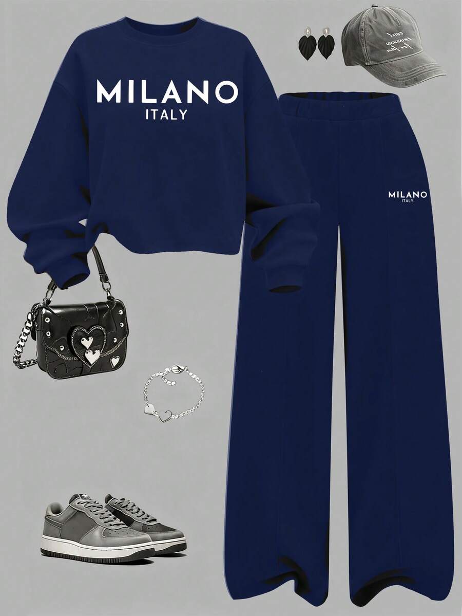 舒适秋冬休闲时尚创意个性清新简约高端字母标语印花休闲基础款短款卫衣和直筒裤套装，适合少女穿着 - 藏蓝色 - 查看 1