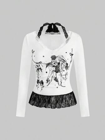 Maglietta a maniche lunghe con croce scura e contrasto in stile anime di Ognissanti (include sottogiacca in pizzo e orlo in pizzo patchwork)