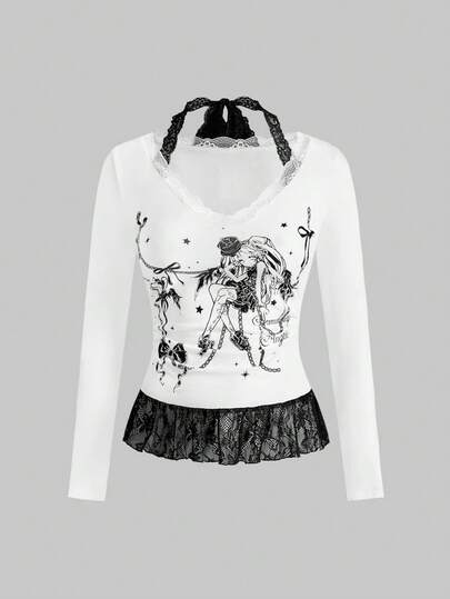 قميص كم طويل بتصميم صليب داكن وتباين الدانتيل (يشمل قميص داخلي من الدانتيل وتصميم الهيم من الدانتيل)