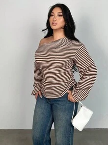 Firerie Tricou cu mânecă lungă cu umeri oblici, mărime plus, mânecă lungă cu textură de ananas, topuri asimetrice de toamnă pentru femei