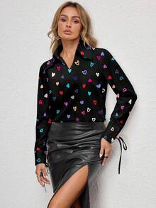 Glamance Maria Clara Maia Christmas Heart Casual Black Long Sleeve Women Blouse Top Cute Shirt For Women Queen Of Hearts Shirt Women Blouses Long Sleeve Heart Shirt Women S Button Up Blouse Chic Stylish Clothing Collection Women Work Blouses Blouse Heart Print Heart Print Blouse Blouse With Heart Pattern - Black - View 3