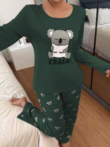 Koala Print Long Sleeve Top And Long Pants Pajama Set, Fall & Winter Clothes - Green - View 3