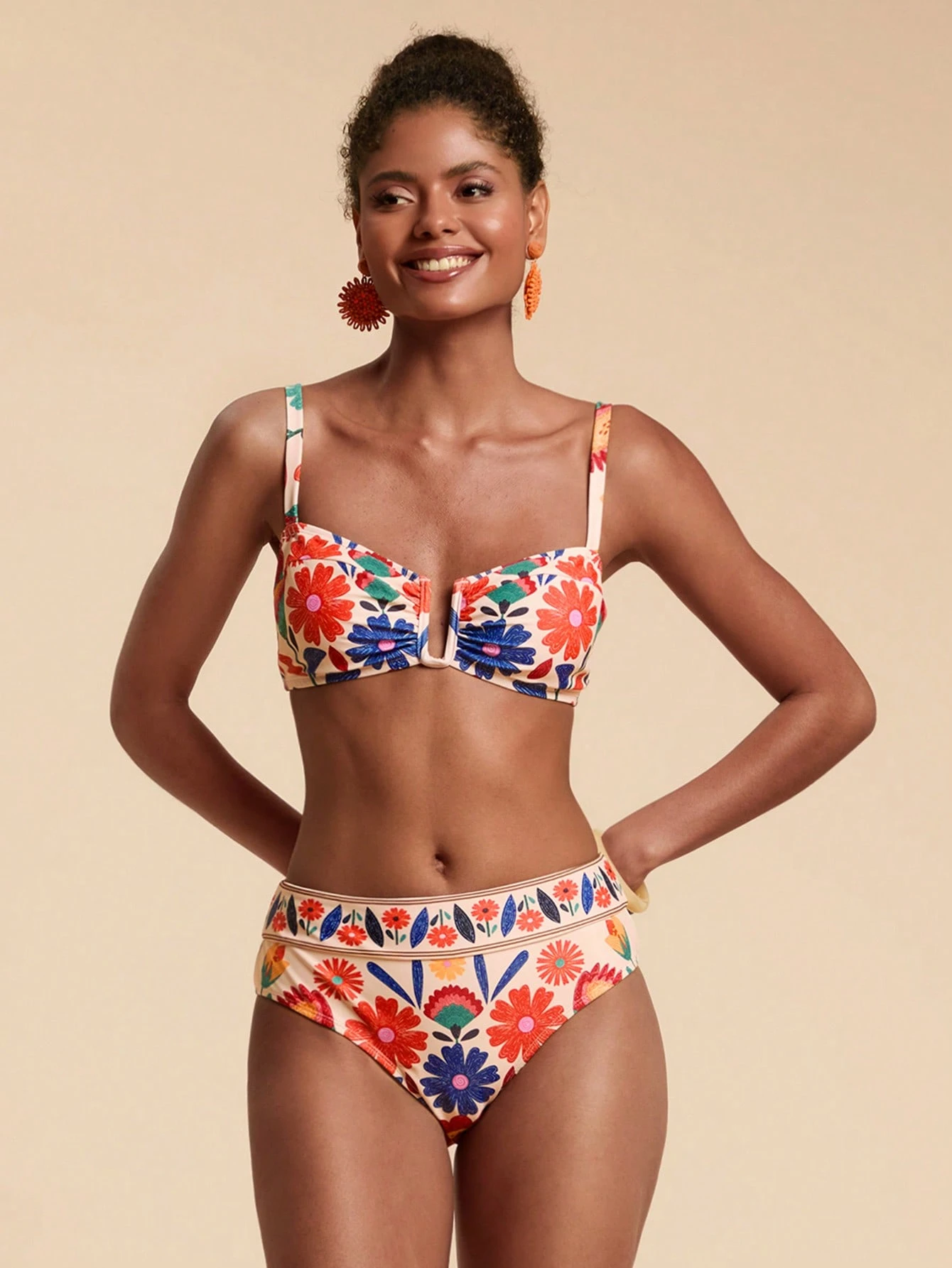 Travachic Conjunto de Maiô Bikini Sexy com Franzido e Estampa Floral para Mulheres, Conjunto de Duas Peças Tropical, Maiô Bikini de Duas Peças Floral, Roupa para Ano Novo, Ação de Graças, Natal, Maiô de Praia, Maiôs Boêmios para Mulheres, Conjunto de Duas Peças Tropical, Conjunto de Saia de Praia Chique, Roupa para Ano Novo, Ação de Graças, Natal, Maiô de Praia, Praia, Roupa de Praia - Multicolorido - Visão 3