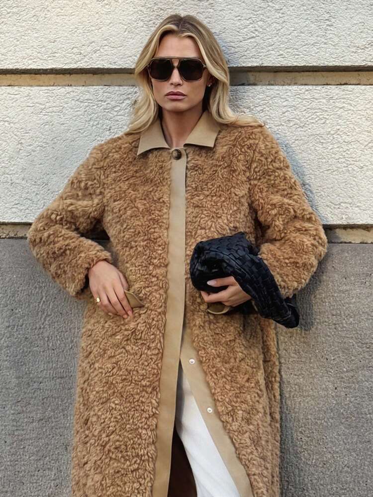 2025 New Winter Women's Faux Fur Coat, Modern Urban Style, Camel Color, Soft & Comfortable Fabric, Loose H-Silhouette, Lapel Patchwork Faux Fur, Casual Commuter, Pockets, Daily Wear, Autumn/Winter, Bestselling Solid Color, Halloween & Christmas, Women's Office Wear, Comfortable Fabric, Women's Outerwear, Button Closure, Fashionable & Versatile Faux Fur Coat
