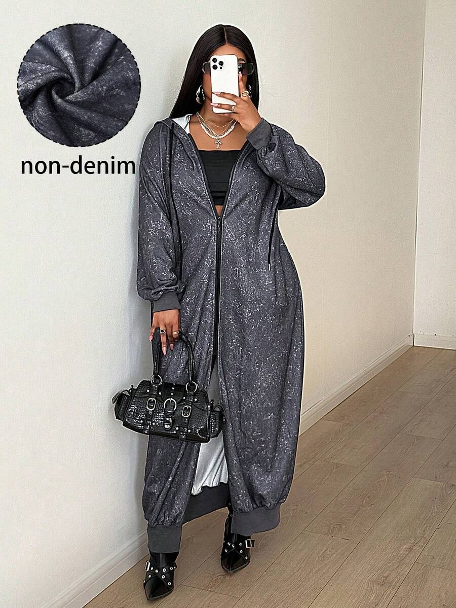 Maweii 宽松连帽纹理印花口袋直筒休闲百搭通勤简约街头潮流必备日常穿着大码女式运动衫夹克，春/秋/冬 - 灰色 - 查看 1