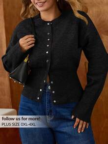 Elaquor Áo khoác cardigan thắt eo cài nút phía trước cỡ lớn thường ngày - màu đen - Xem 1