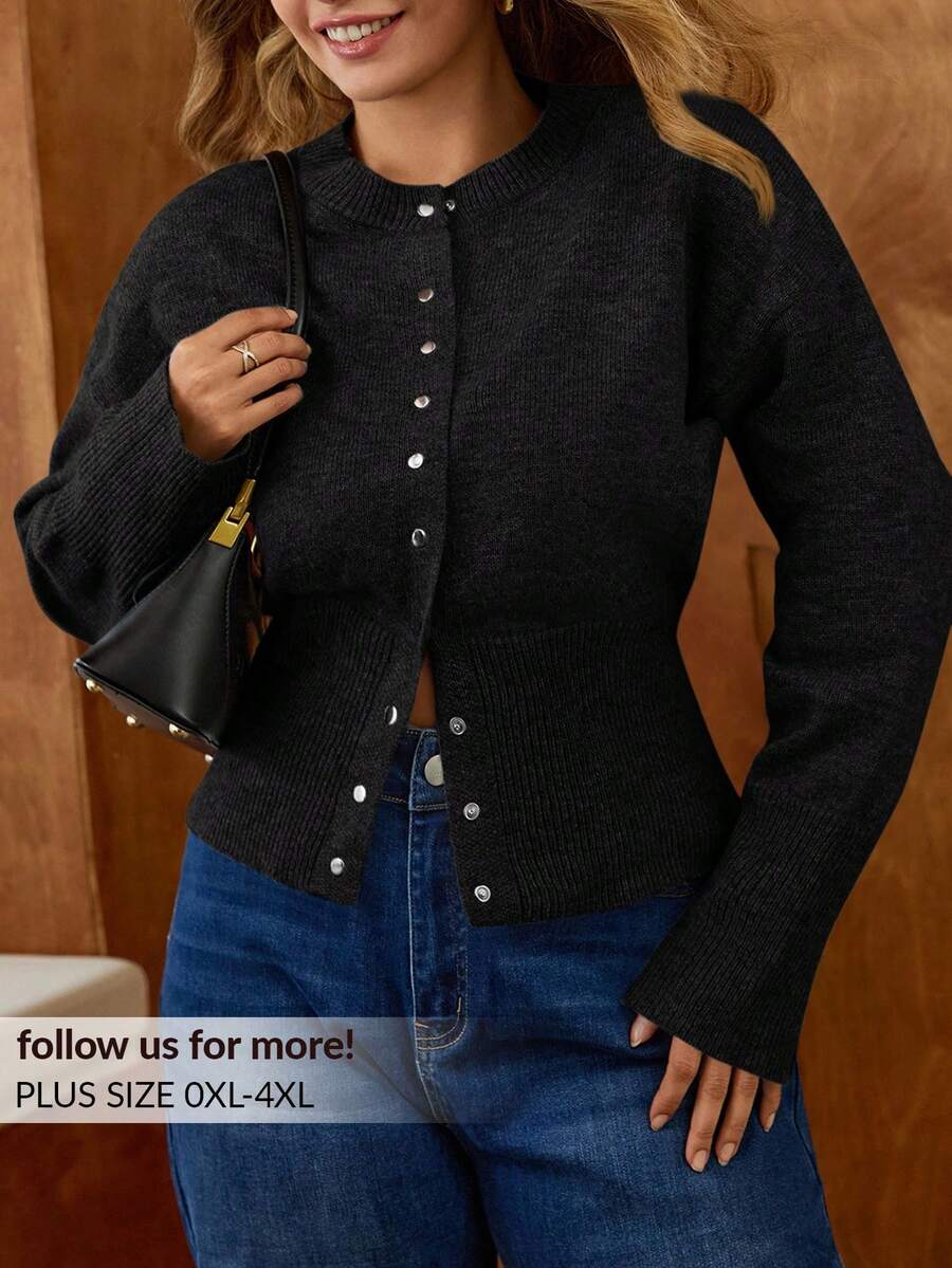 Elaquor Áo khoác cardigan thắt eo cài nút phía trước cỡ lớn thường ngày - màu đen - Xem 1