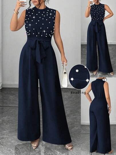Elenzga Plus Size Elegant Beaded Sleeveless Round Neck Top And Straight Leg Jumpsuit