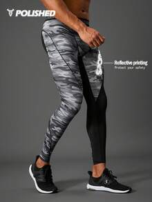 Manfinity Sport Polished 男士字母腰带迷彩印花运动压缩裤 - 黑色 - 查看 5