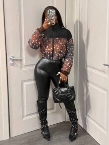 BamGleam Leopard Animal Print Color Blocking Women's Black Winter Streetwear Everyday Stand Collar Zip-Up Cropped Quilted Synthetic Insulation Winter Jacket - Brown - View 3