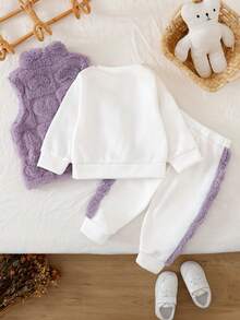 3pcs/Set Baby Girls Winter Outfit, Includes Ribbed Crew Neck Long Sleeve Sweatshirt With Heart Embroidery, Casual Sweatpants With Furry Trim, And Sleeveless High Neck Zipper Sweatshirt - Purple - View 2