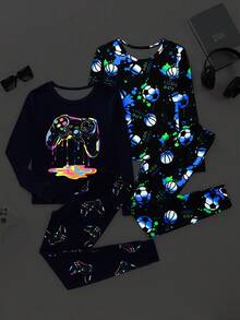 4pcs/Set Tween Boys' Graphic Game Controller PrintSnug Fit Casual Homewear Set, Black & Blue, Spring/Autumn - Multicolor - View 5