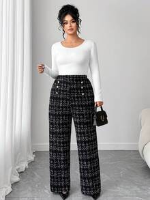 Elenzga 大码女式优雅印花弹力针织裤，高腰精致金属扣直筒裤，适合各种场合，优雅旅行，日常通勤，工作裤