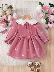 SHEIN Baby Girls' Doll Collar Ruffle Bow Puff Sleeve A-Line Dress. Doll Collar Design, Cute And Fashionable. 3D Bow And Puff Sleeves, Classic A-Line Silhouette, Exquisite And Elegant. Whether Taking Your Little One Out For Play Or Attending A Party, This Dress Will Make Your Baby The Center Of Attention. - Pink - View 2