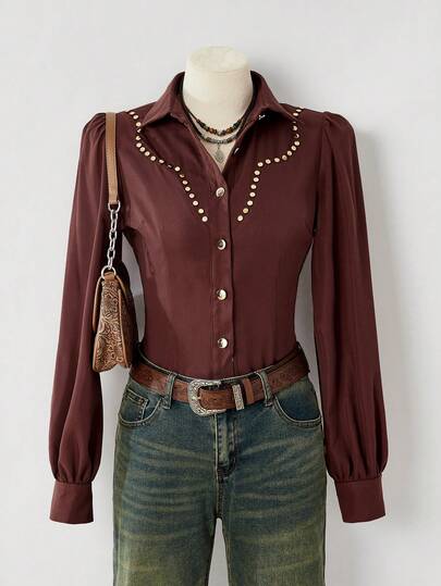 LanaWest Women's Casual Vacation Style Rivet Decor Lantern Sleeve Loose Blouse, Spring/Autumn