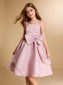 圣诞派对女童吊带裙，女童生日裙，公主裙，大蝴蝶结表演裙 - 粉色 - 查看 5