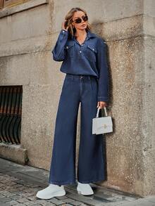 Selenza Fashionable & Elegant Dark Wash Wide Leg Jeans - Dark Wash - View 6