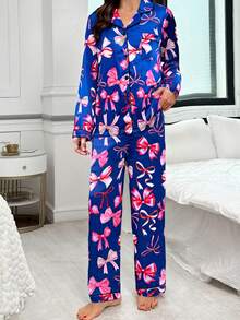 Bowknot Faux Silk Lapel Cardigan Long Sleeve Top & Pants Pajama Set, Fall & Winter Clothes - Multicolor - View 5
