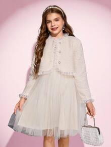 Sparklyn 女童薄纱荷叶边羊毛开衫背心和公主薄纱连衣裙套装，秋冬款 - 杏色 - 查看 8