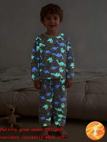 Young Boy Flannel Dinosaur Print Pajamas, Suitable For Autumn/Winter Sleepwear And Loungewear