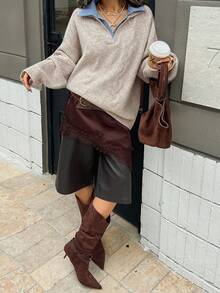 DAZY 女士撞色领宽松休闲毛衣，秋冬 - 卡其色 - 查看 4