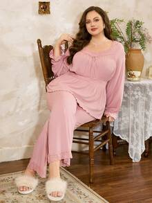 Côtesoire Plus Size Romantic Lace Bow Decor Pajama Set, Suitable For Valentine's Day, Winter Clothes