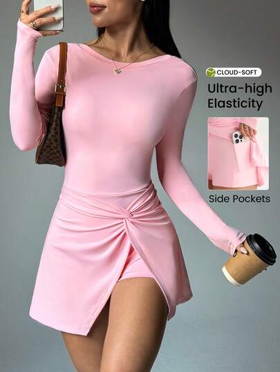 Dewbera Falda pantalón deportiva de manga larga con cuello redondo y diseño de torsión de unicolor para mujer