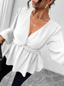 Firerie Plus Size Green Casual Simple Twist Front A-Line Long Sleeve Shirt, Spring Fall - White - View 7