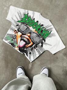 Manfinity EMRG 男士街头风格肖像图案短袖T恤。男士青春街头风格。男士圆领插肩短袖休闲T恤，创意印花，夏季男士图案衬衫。夏季服装，时尚街头风格，送给男朋友的完美礼物，Y2K风格，返校季，摇滚风格，说唱 - 彩色 - 查看 3