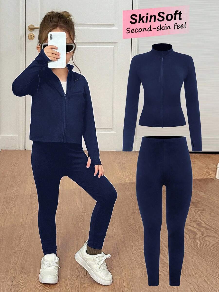 SHEIN Young Girl Yoga Gym Sports Zip-Up Mock Neck Knit Top & High Waist Leggings Winter Set,Back To School Two Pieces Workout Activewear Athletic Outfit - Navy Blue - View 1