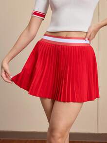 Cheerettes Contrast Striped Pleated Athletic Mini Skirt Shorts Cheerleader Skirt - Red - View 5