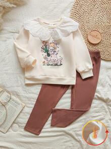 Vintaside Kids 2件套女童杏色长袖圆领数码印花上衣和棕色裤子套装，幼儿 - 彩色 - 查看 1