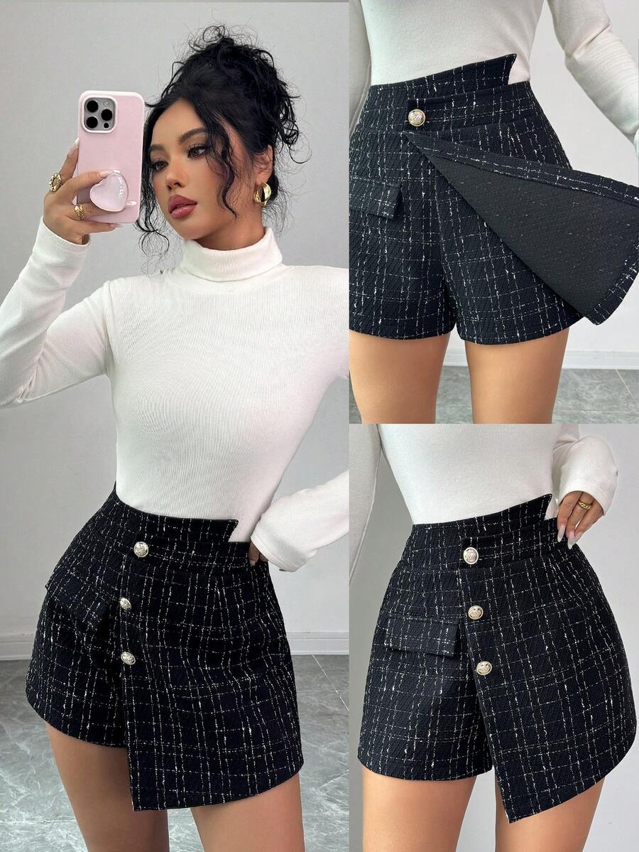 SHEIN Elenzya Elegant Tweed Asymmetrical Button Decor Women Shorts - Black - View 1