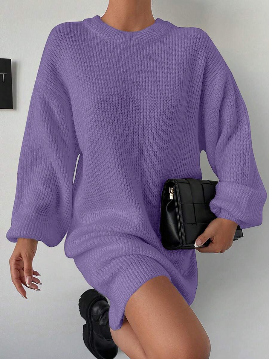 EURMUSE 女士纯色圆领休闲百搭长袖毛衣连衣裙 - 紫丁香色 - 查看 1