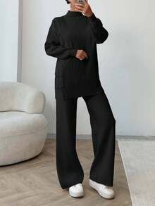EURMUSE Conjunto de suéter y pantalones de mujer con cuello alto simulado, botones y hombros caídos, en color liso - Negro - Ver 6
