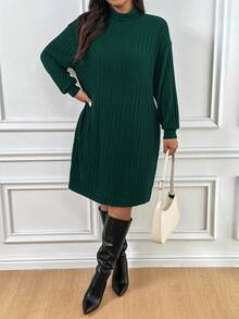 SHEIN Frenchy Vestido casual de manga larga con cuello alto acanalado de unicolor talla grande - Verde Oliva - Ver 5