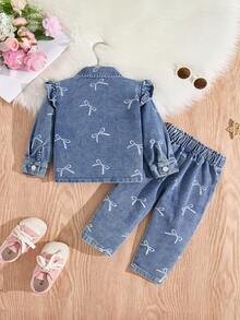 SHEIN Set Denim Motif Minimalis Kasual untuk Balita - Medium Wash - View 2